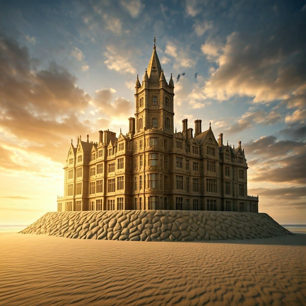 Majestic Sand Manor at Sunset: Cinematic Beach Scene