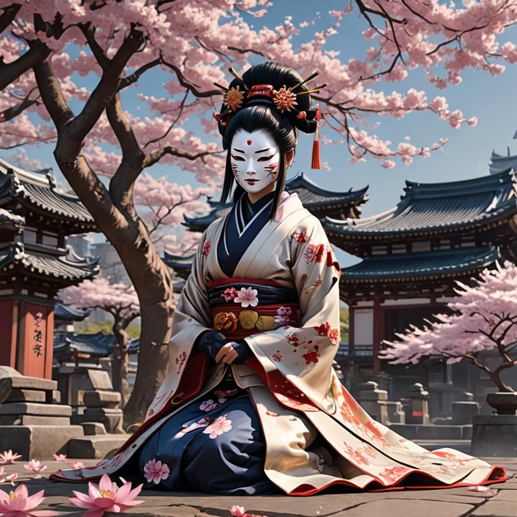 Geisha Ninja with Oni Mask in Anime Style