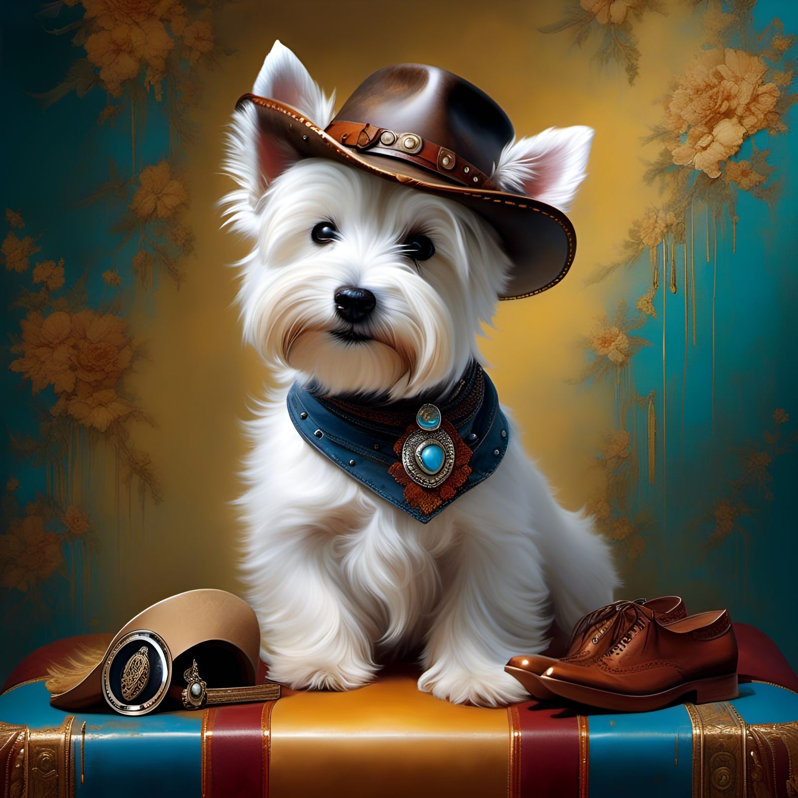 Westie Pup in Cowboy Hat, Fantasy Art Style