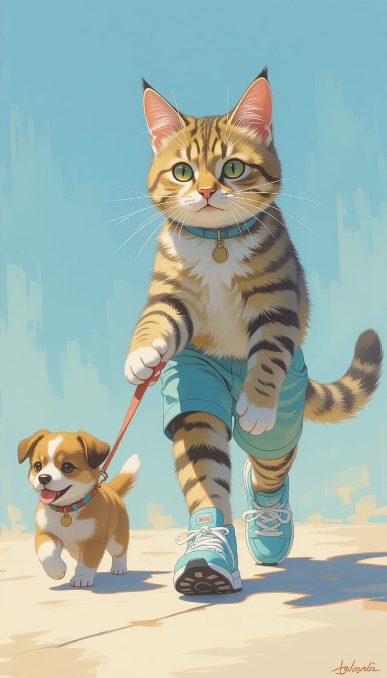 Anthropomorphic Cat Walks Dog, Detailed Digital Art