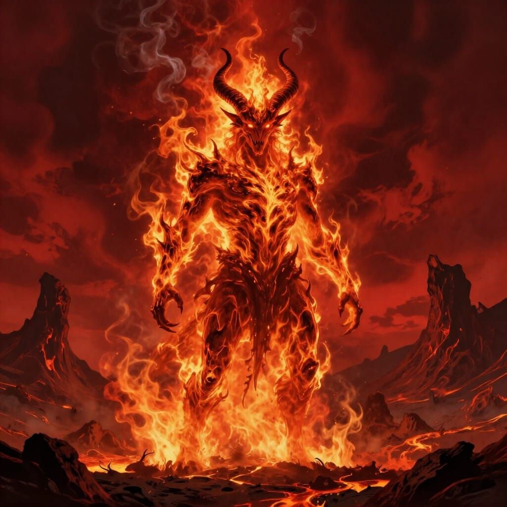 Fire Demon on Volcanic Plain in Dark Fantasy Style
