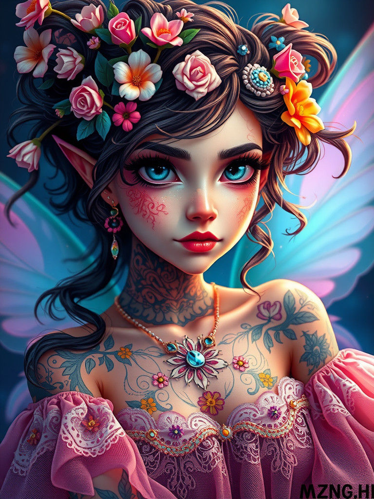 Whimsical Tattooed Pixie Fae Portrait in Surreal Style