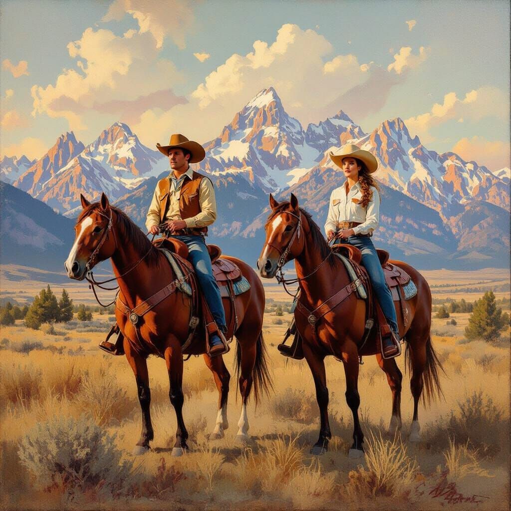 1950s Cowboy & Cowgirl on Horseback in Rocky Mountains