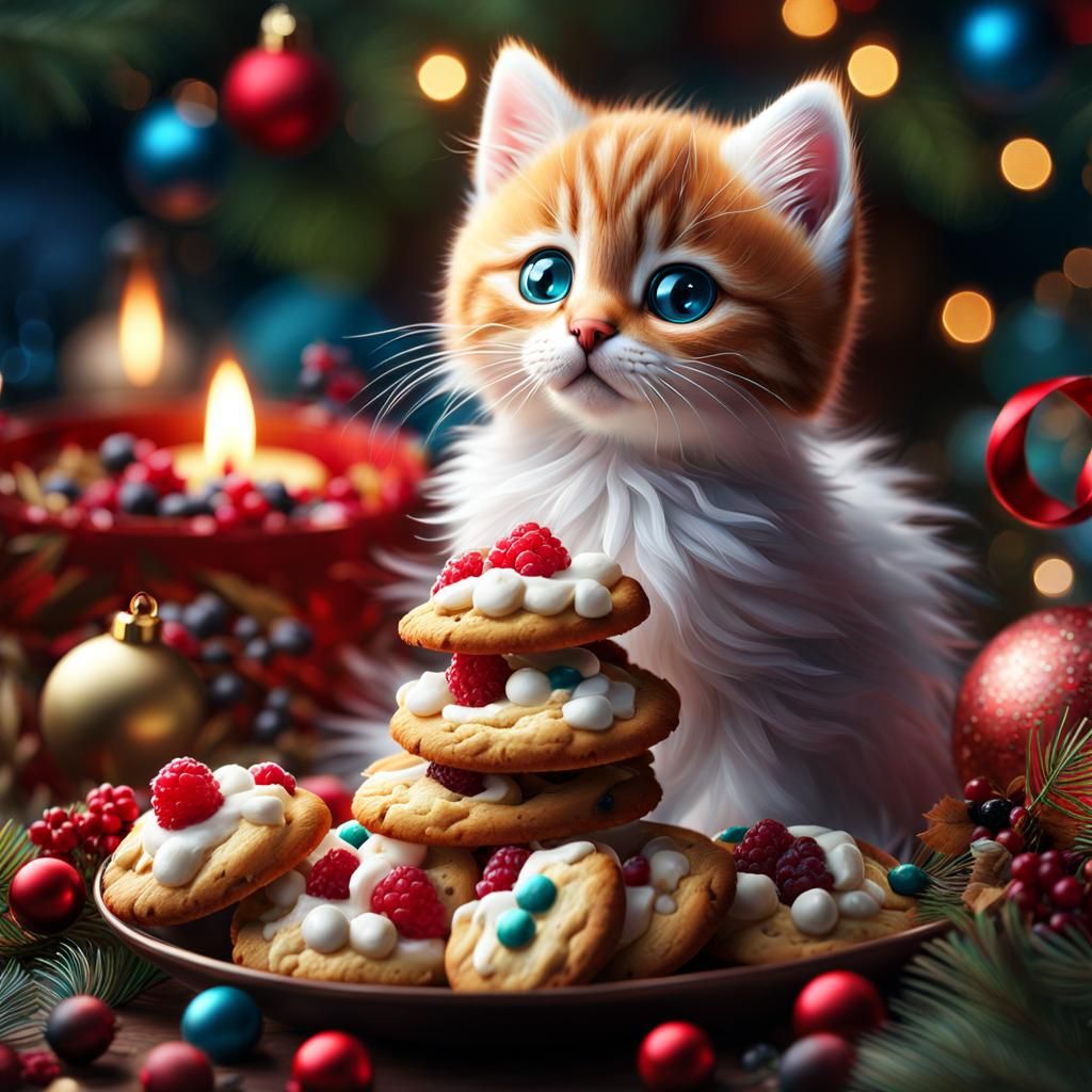 Kitten and Christmas Cookies: Detailed Colourful Painting