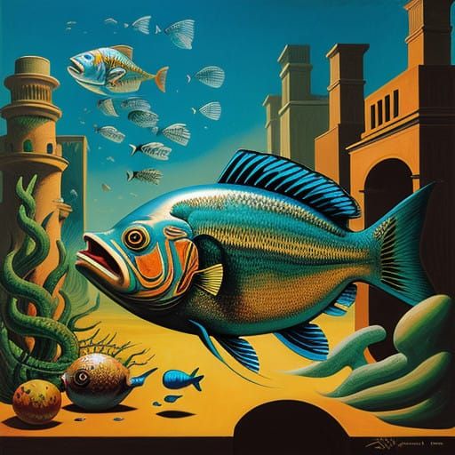 The Enigmatic Fish: A Surreal Metaphysical Scene in Dark, Mo...