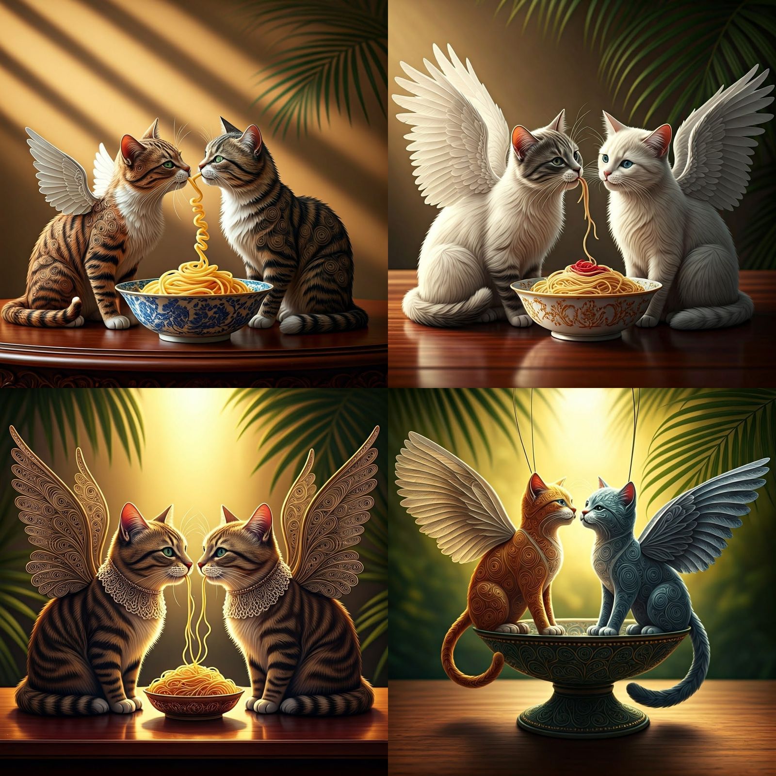 Quirky Whimsical Cats Share Spaghetti on Sunny Day
