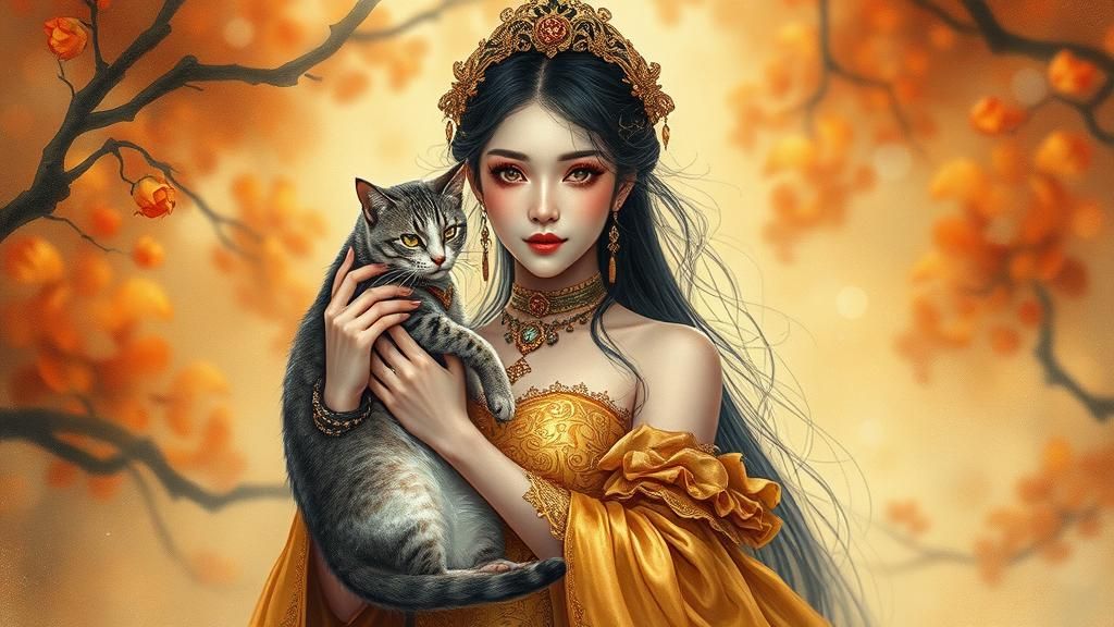 Korean Goth Woman with Cat in Golden Dress