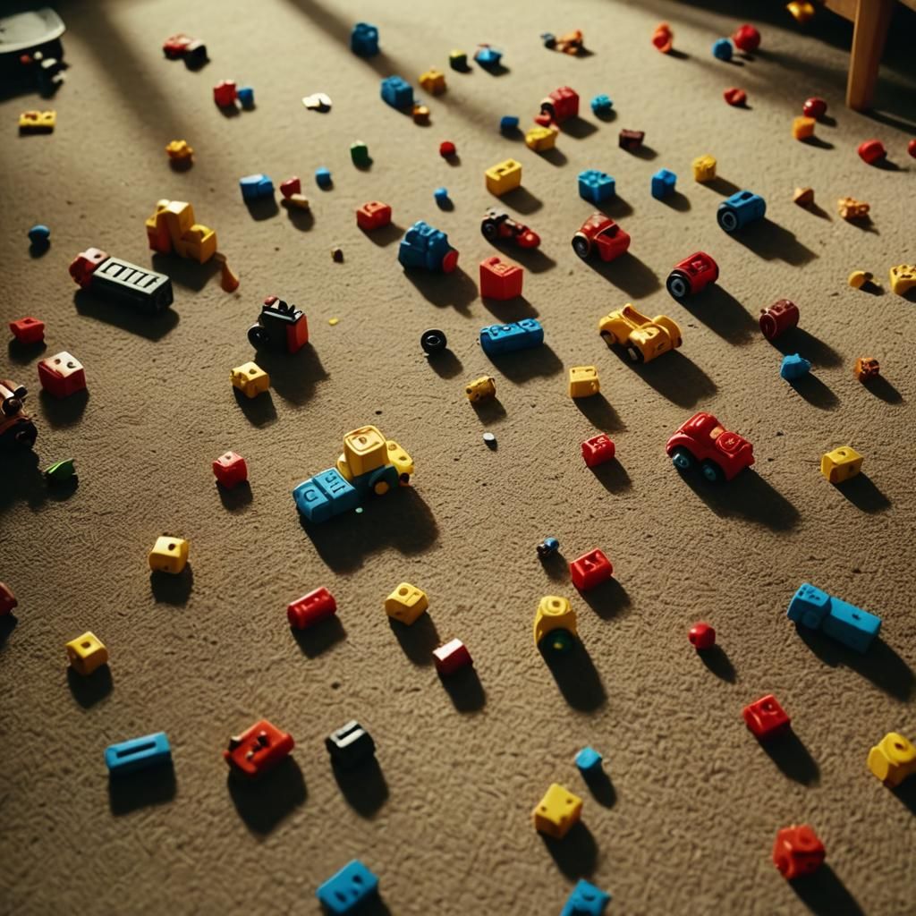 Nostalgic Film Still of Toys in Dimly Lit Room