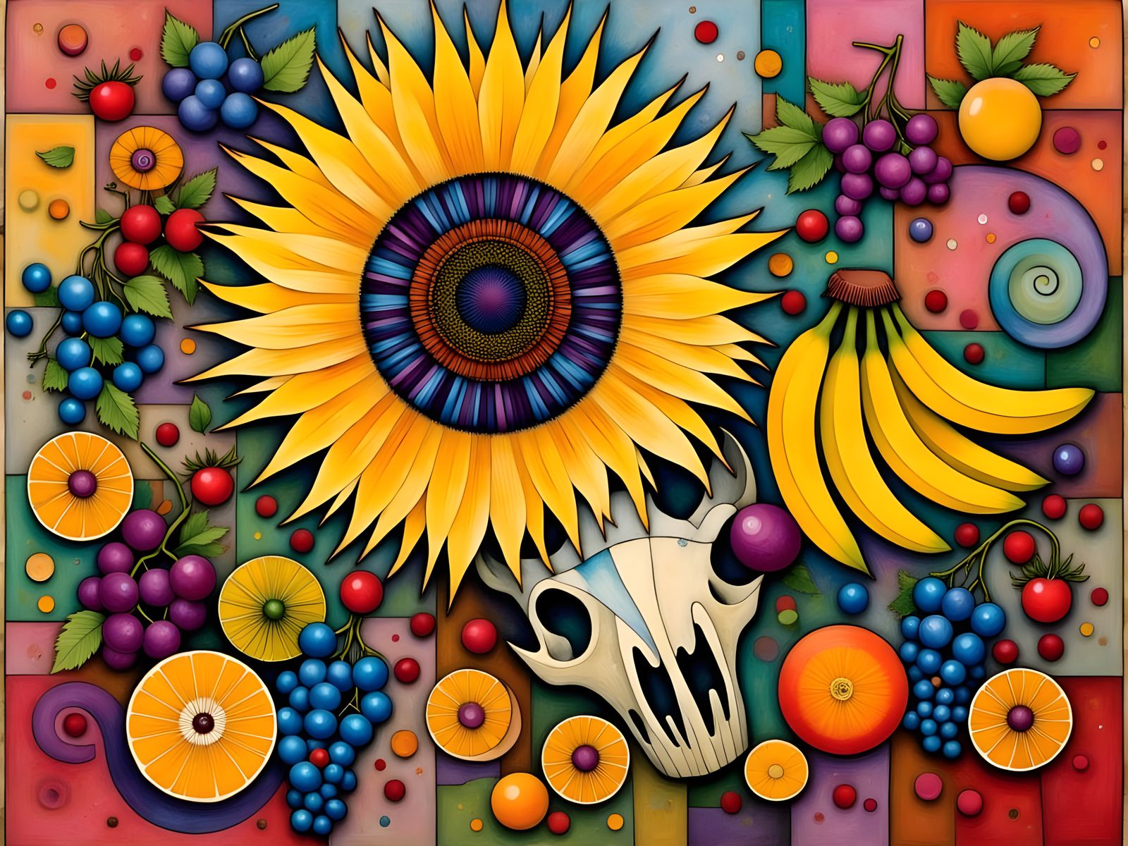 Vibrant Batik-Inspired Floral Skull in Tropical Colors