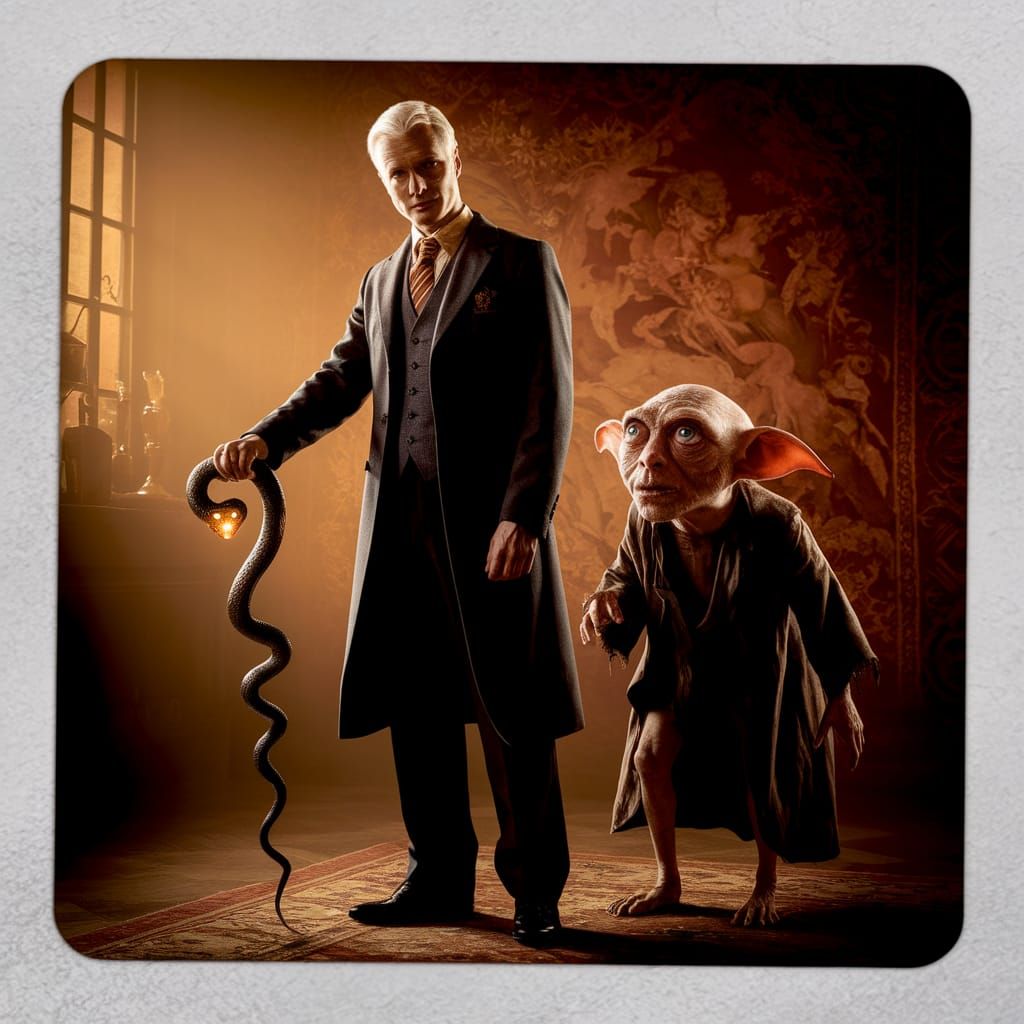 Lucius Malfoy and Dobby in Dimly Lit Room