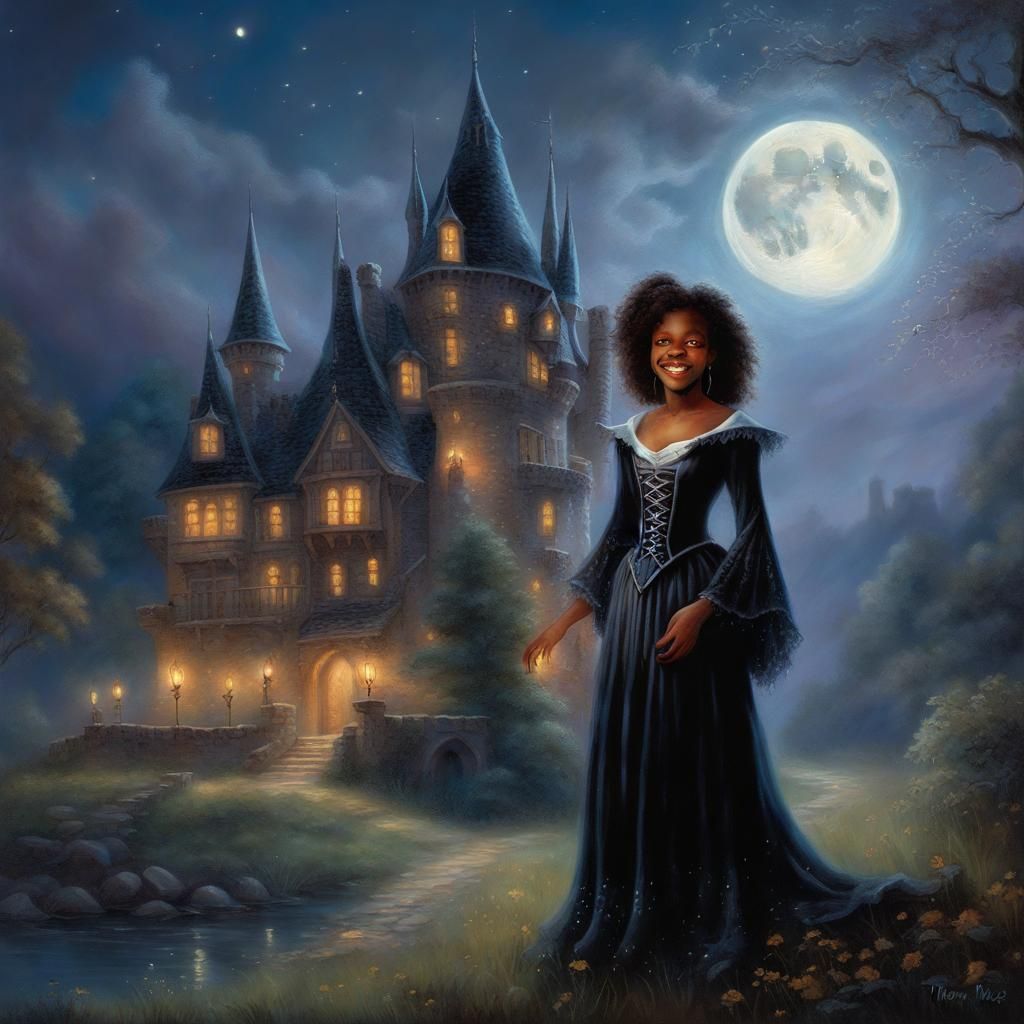 Smiling Teenage Witch in Ethereal Fantasy Scene