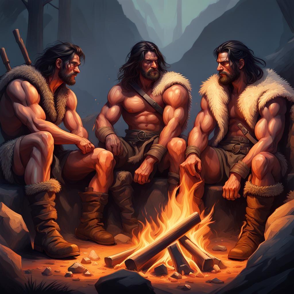 Barbarians Around Campfire in Hyperrealistic Splash Art