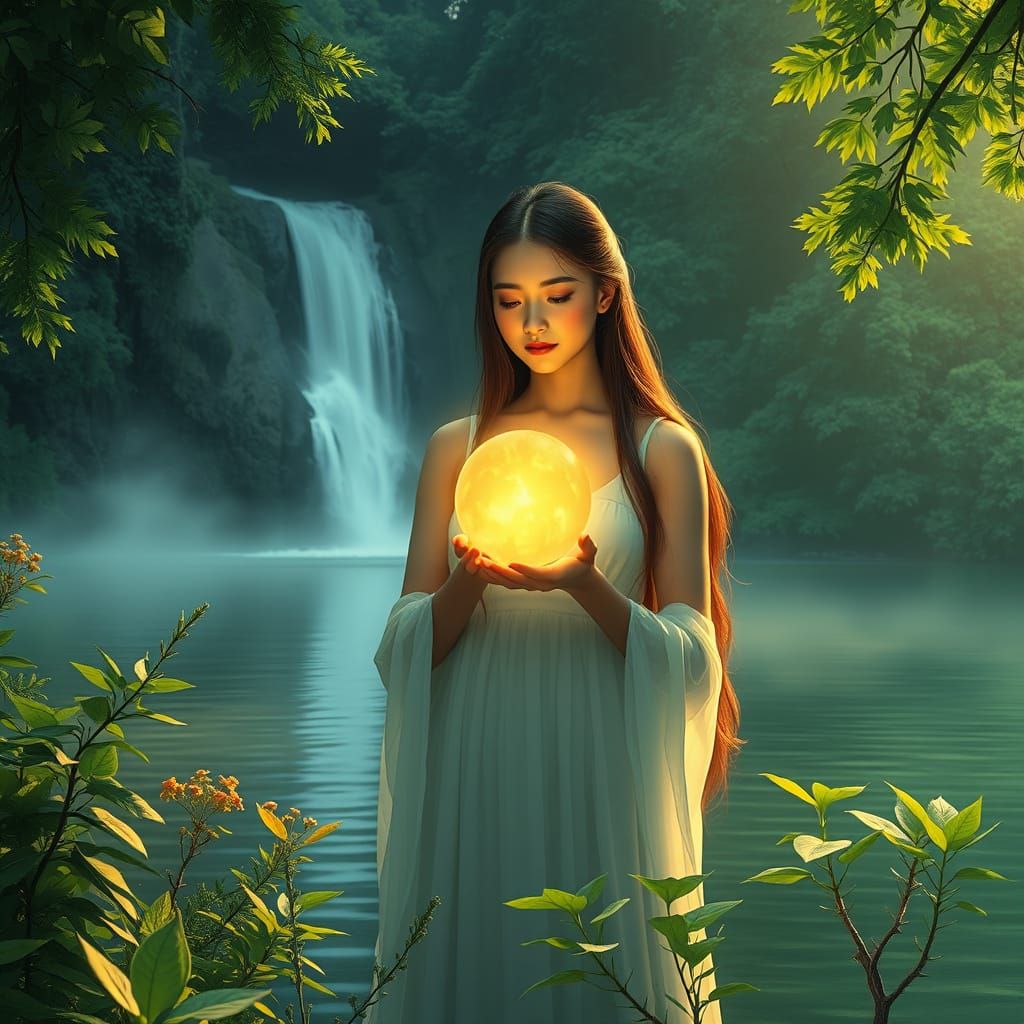 Surreal Goddess of Nature, Surrounded by Lush Vegetation and...