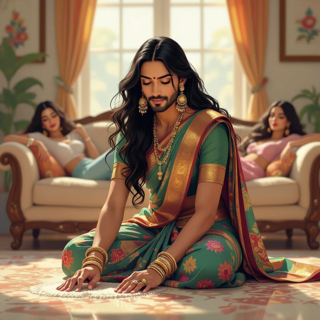 Man in Saree Cleaning, Art Nouveau Illustration