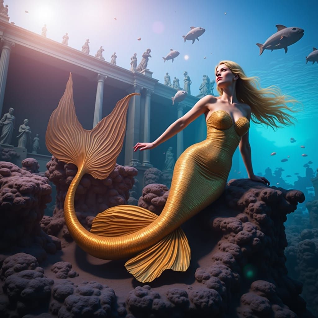 Ethereal Mermaid in Underwater Museum: Delicate Art