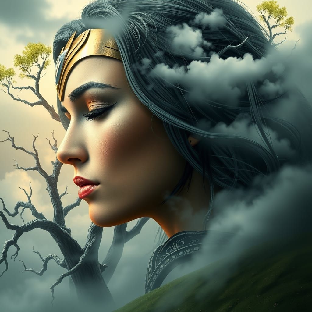 Wonder Woman Profile Merged with Mystical Landscape