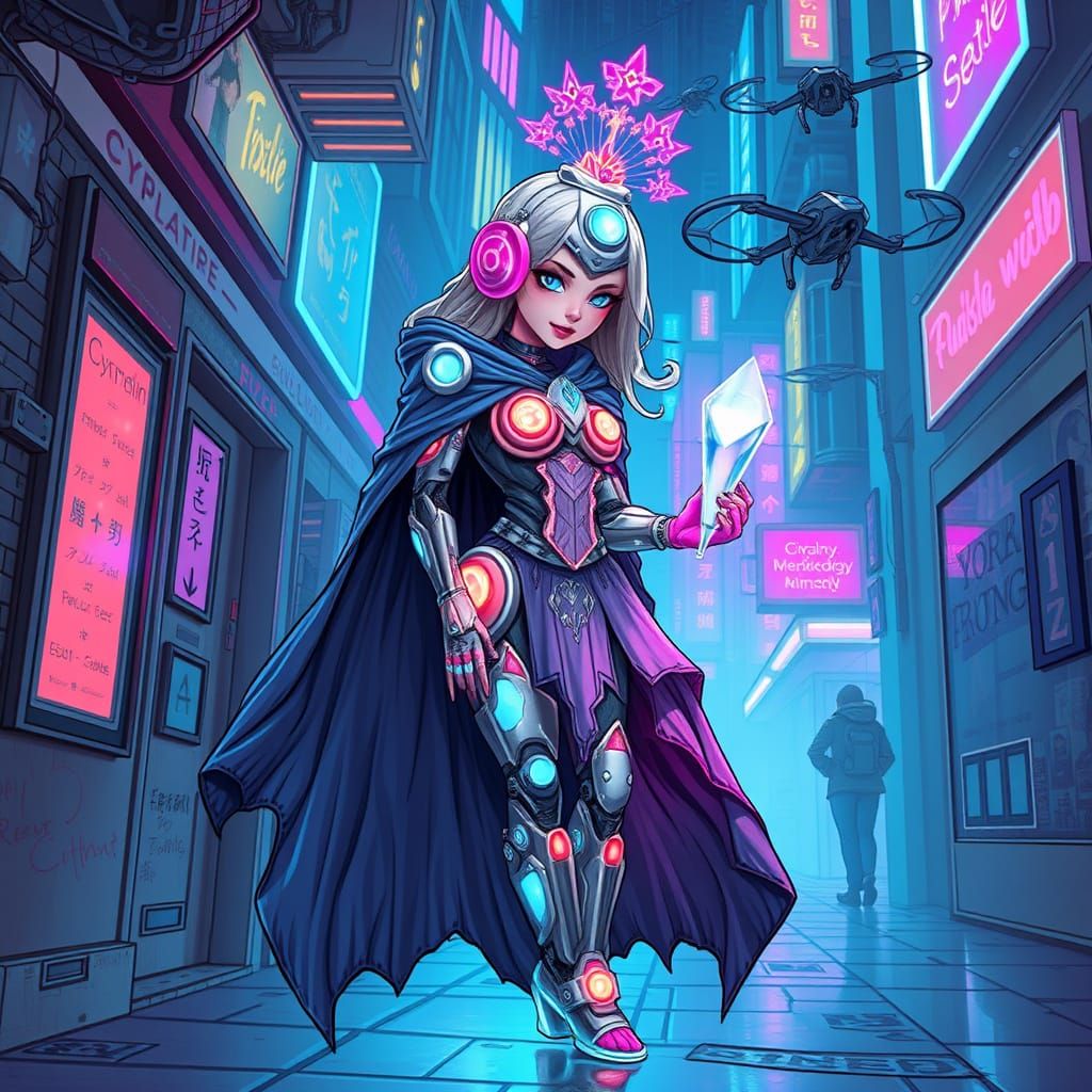 Cyborg Princess in Neon City with Drones