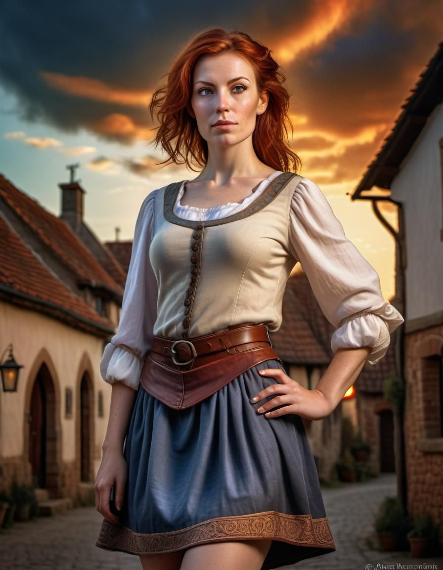 Auburn Woman in Medieval Village, Photorealistic Portrait
