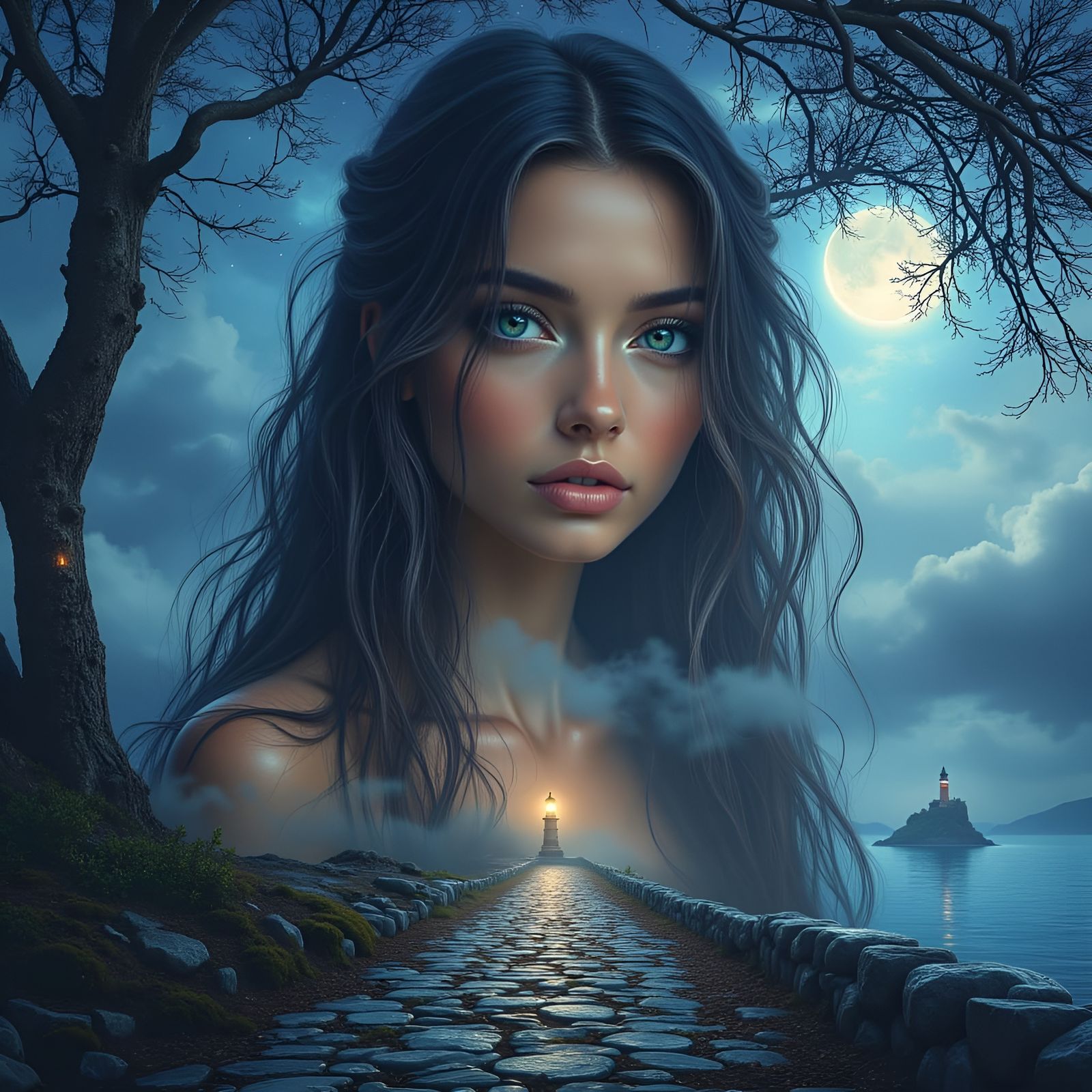 Mystical Night Landscape Merges with Woman in Double Exposur...