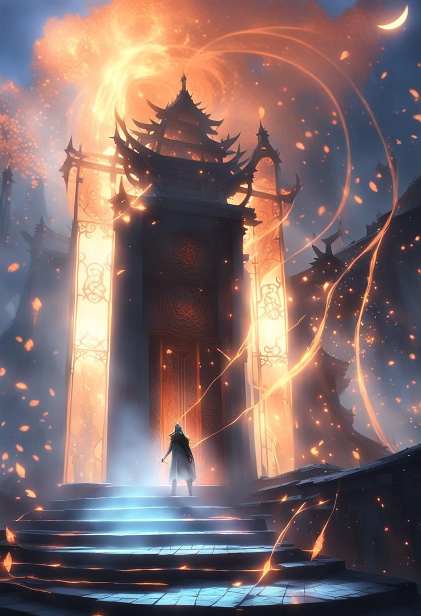 Warrior in Ancient Temple with Lanterns: 3D Anime Art