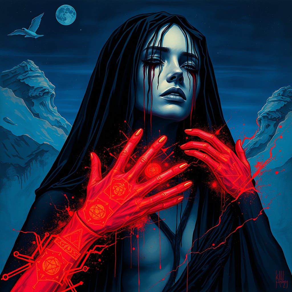 Androgynous Figure in Midnight Dreamscape: Neo-Futurist Art