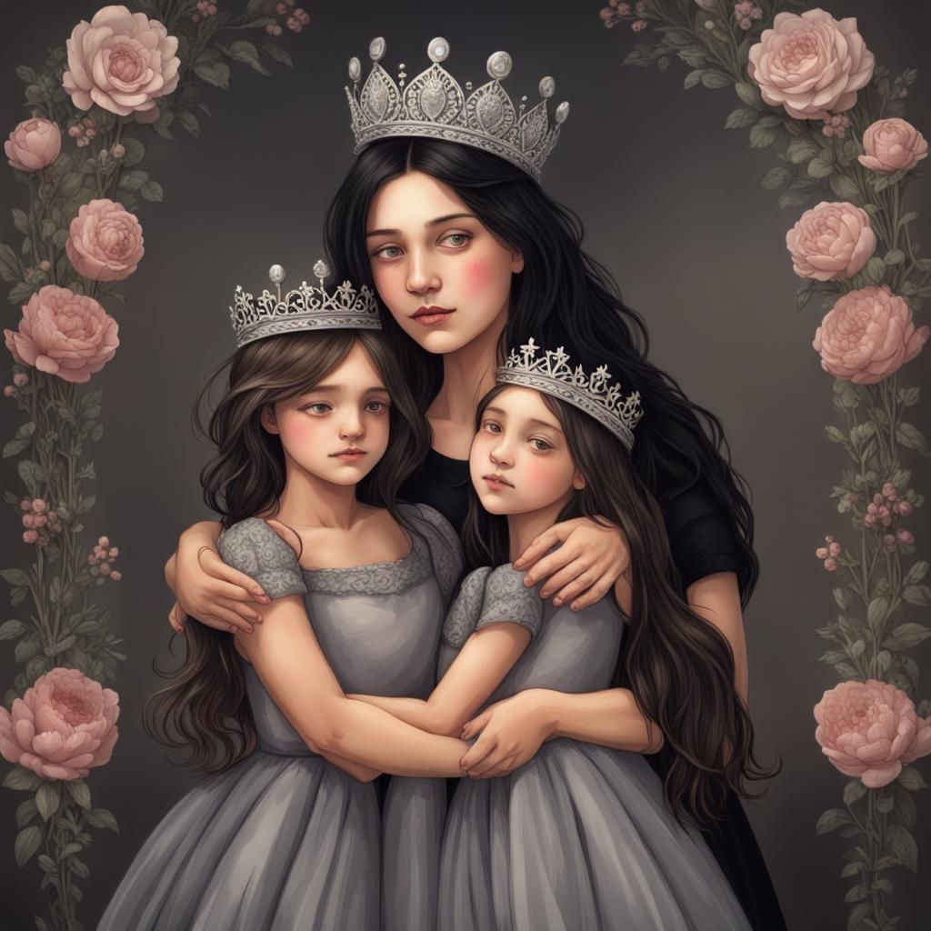 Mother Hugs Daughters: Hyperrealistic Family Portrait