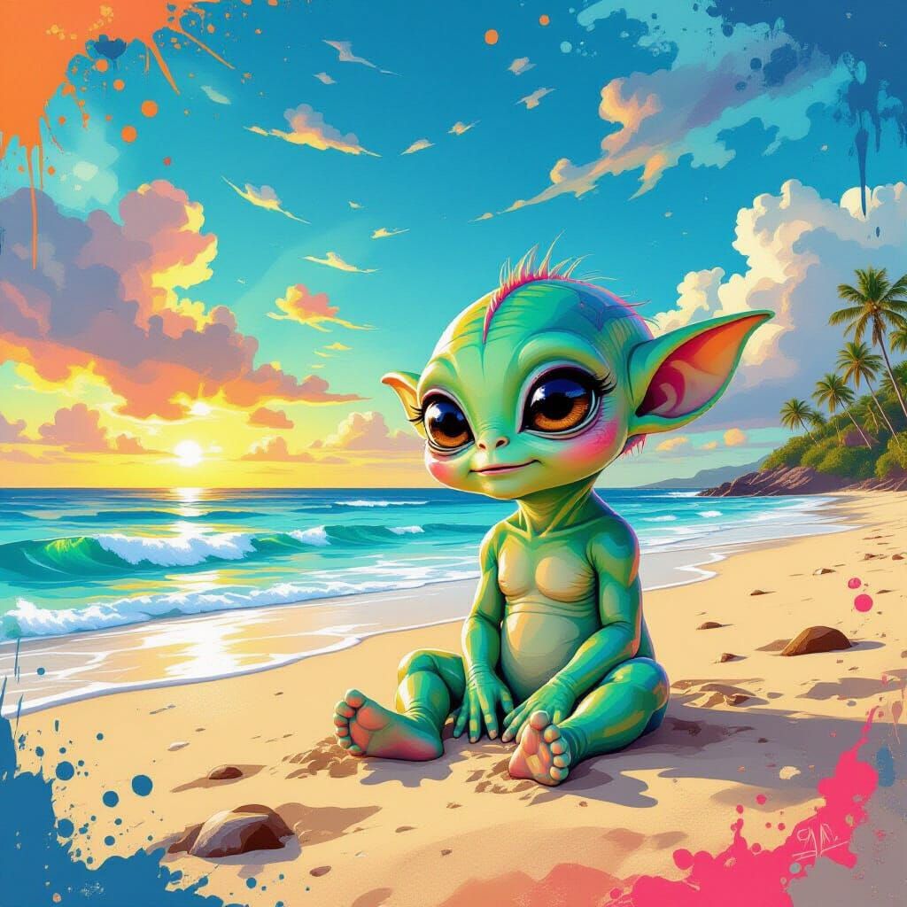 Baby Alien on Beach in Graffiti Art Style