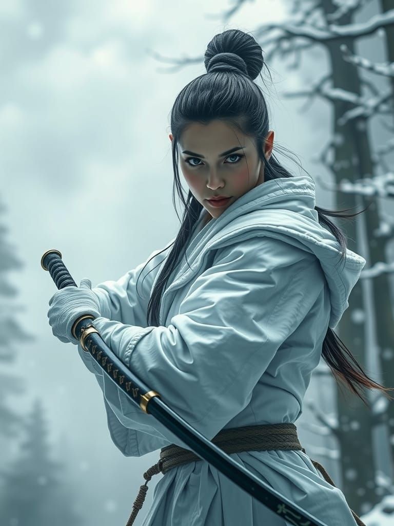 Intense Japanese Warrior Woman in Winter Forest