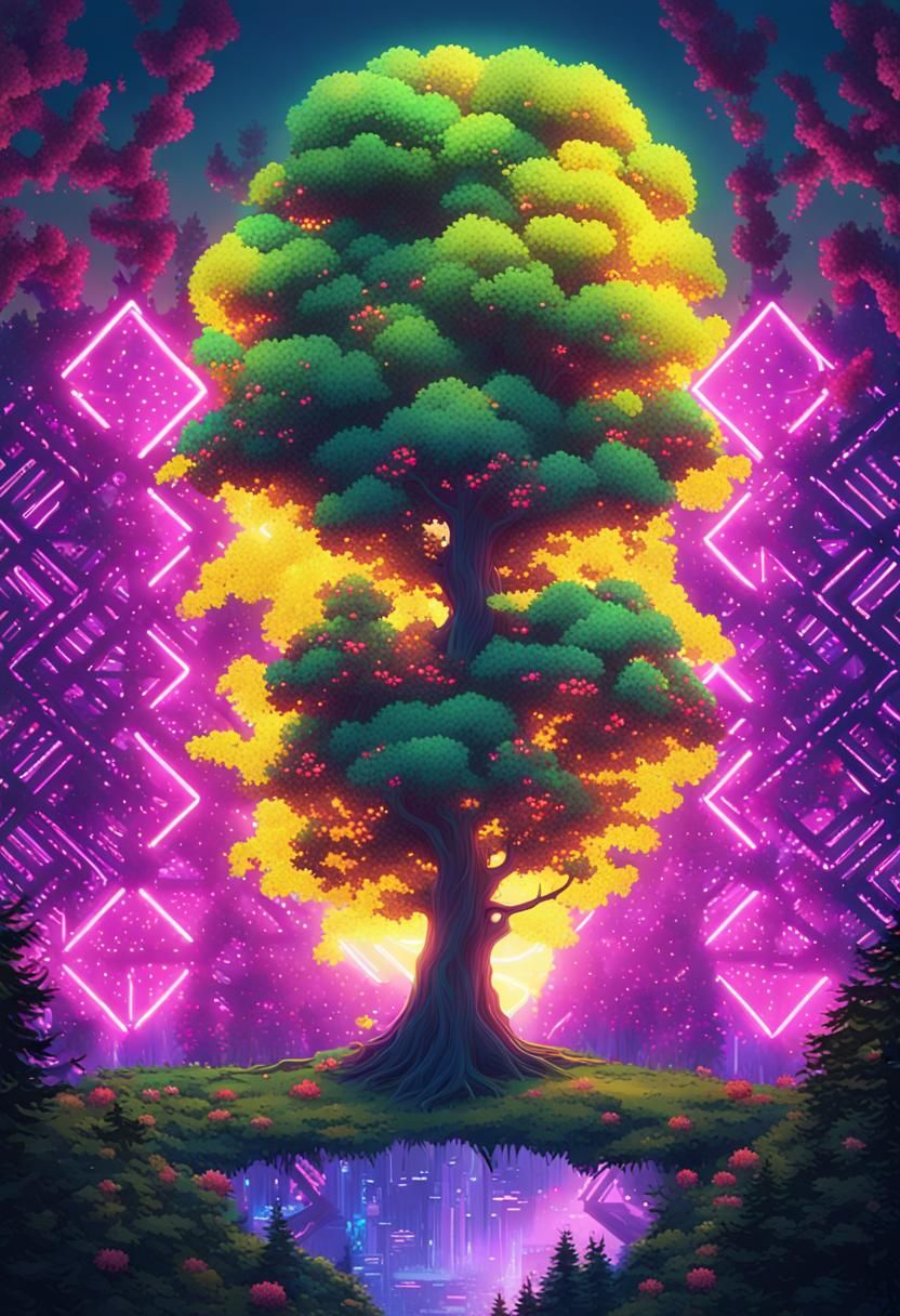 Mystical Tree Blooms in Crystalline Forest