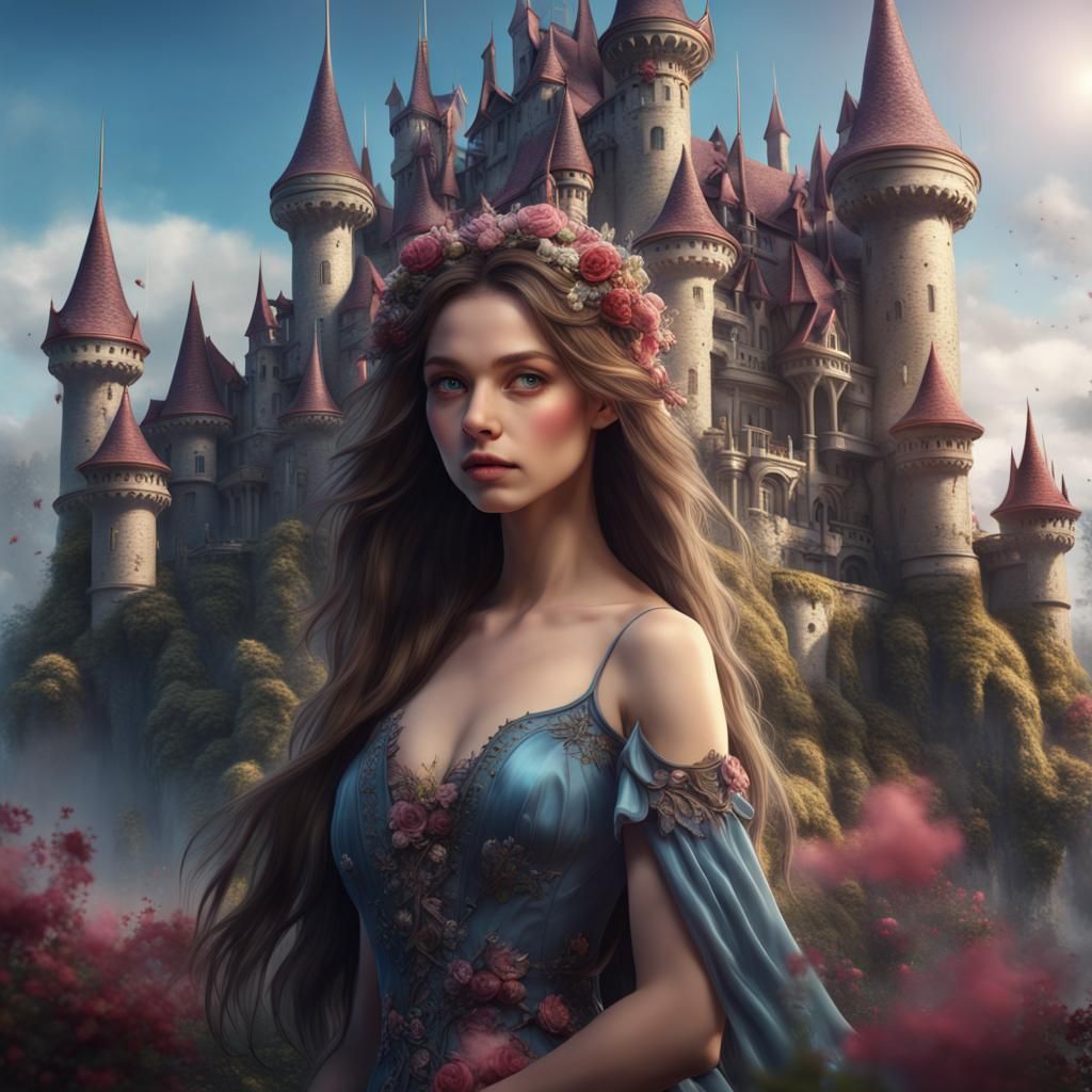 Fantasy Girl in Flowery Castle: Detailed Matte Painting