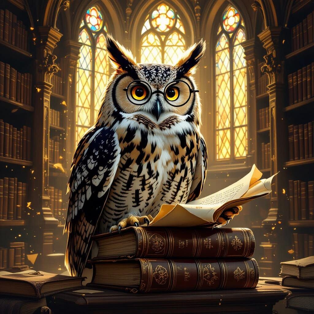 Wise Owl in Gothic Library with Antique Books
