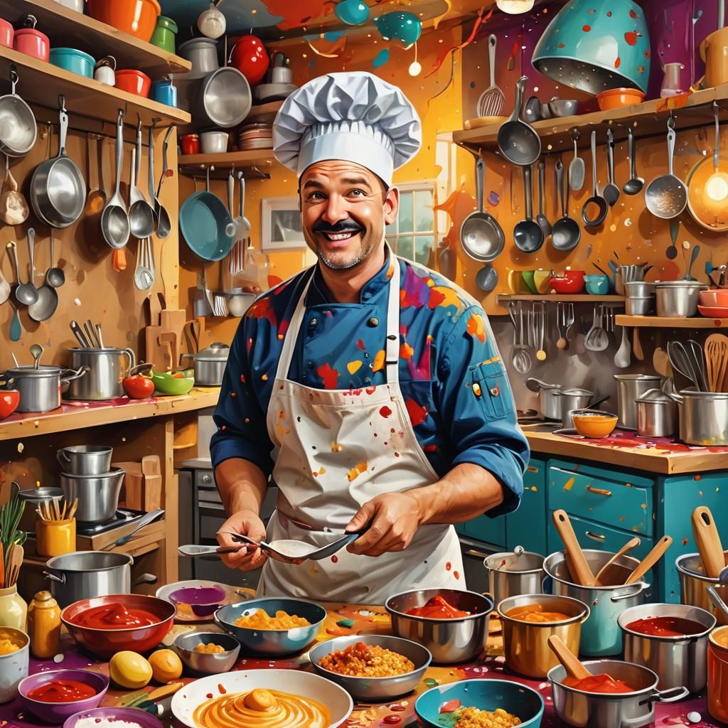 Cheerful Chef in Colorful Kitchen: Whimsical Digital Art