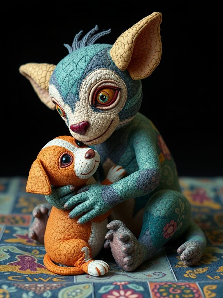 Cute Plush Creature and Puppy in Patchwork Style