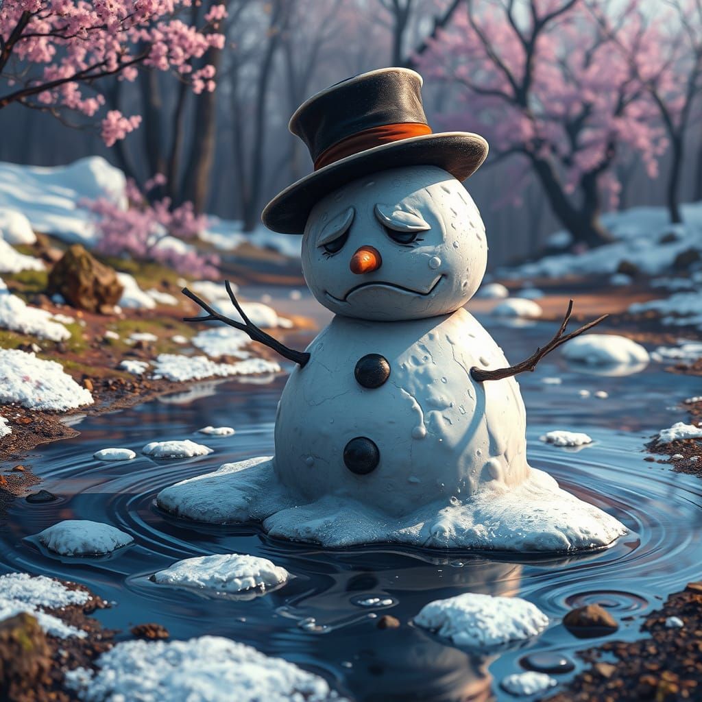 Melting Snowman in Spring Landscape: Matte Painting