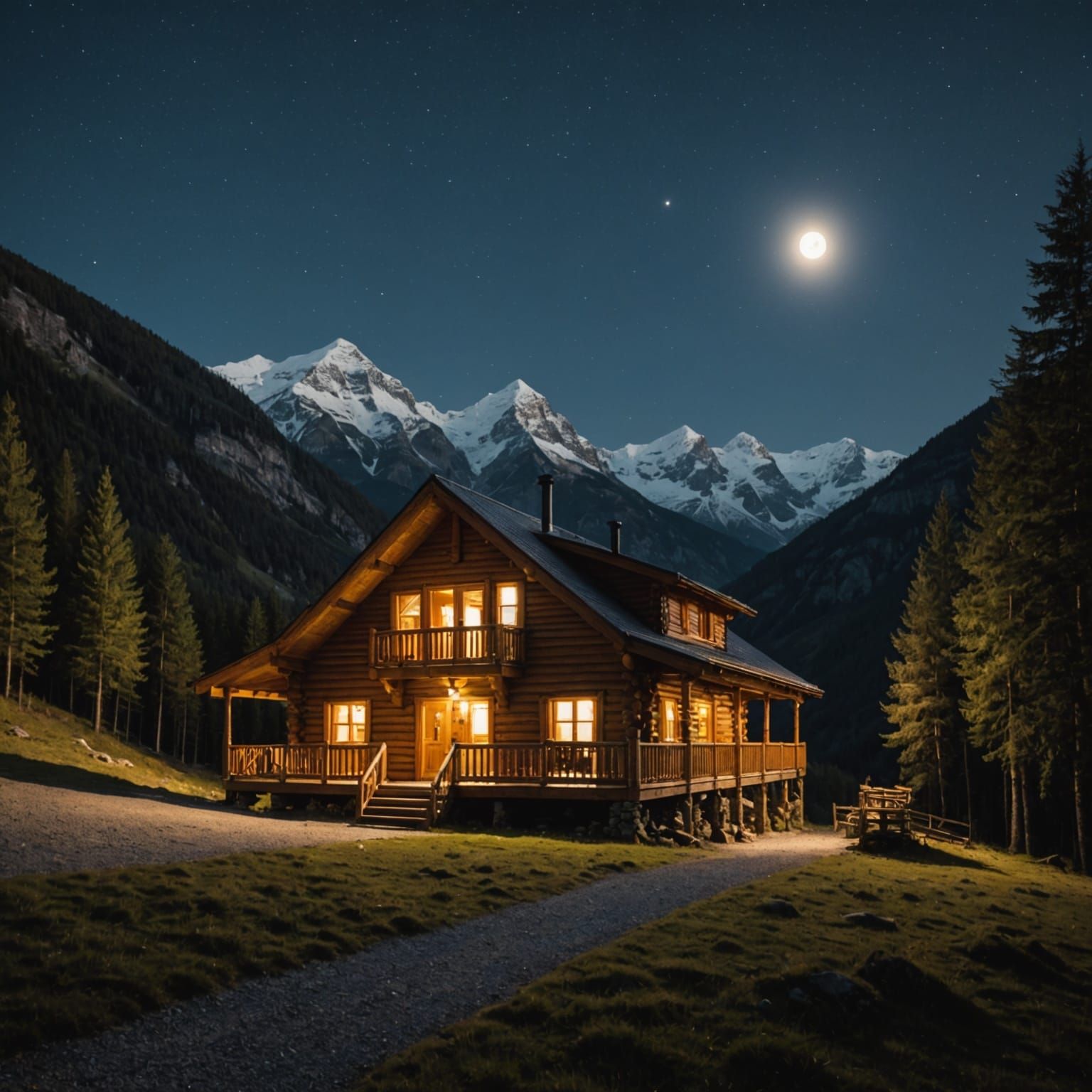 Three-Storey Log Cabin Under a Full Moon