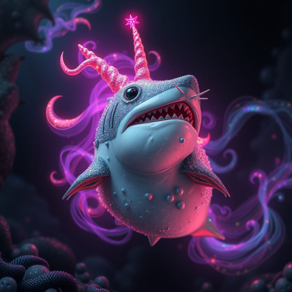 Glittery Sea-Hamster with Unicorn Auras in Dark Ocean