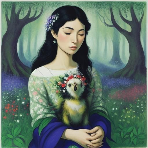 Girl Protecting Bird in Dreamy Forest Watercolor