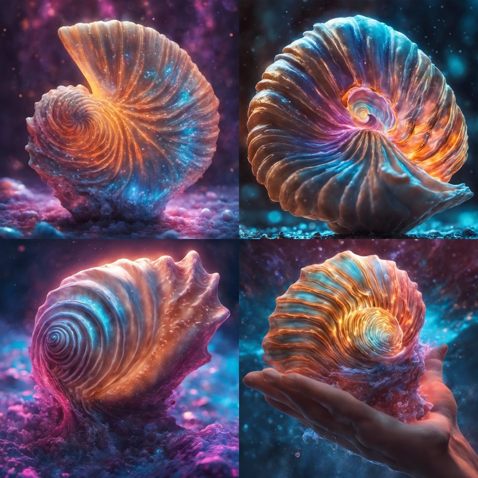 Bioluminescent Seashell Held by Poseidon, Hyperrealistic Spl...