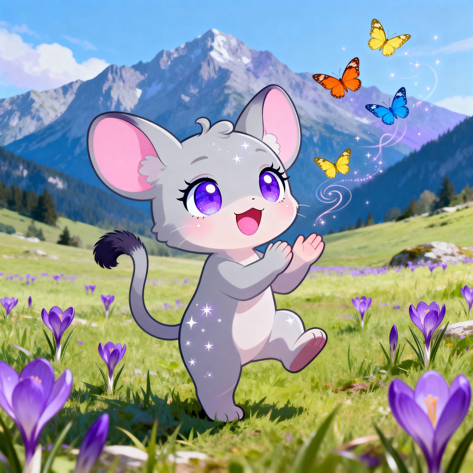 Chibi Elephant Applauding with Butterflies in Mountains