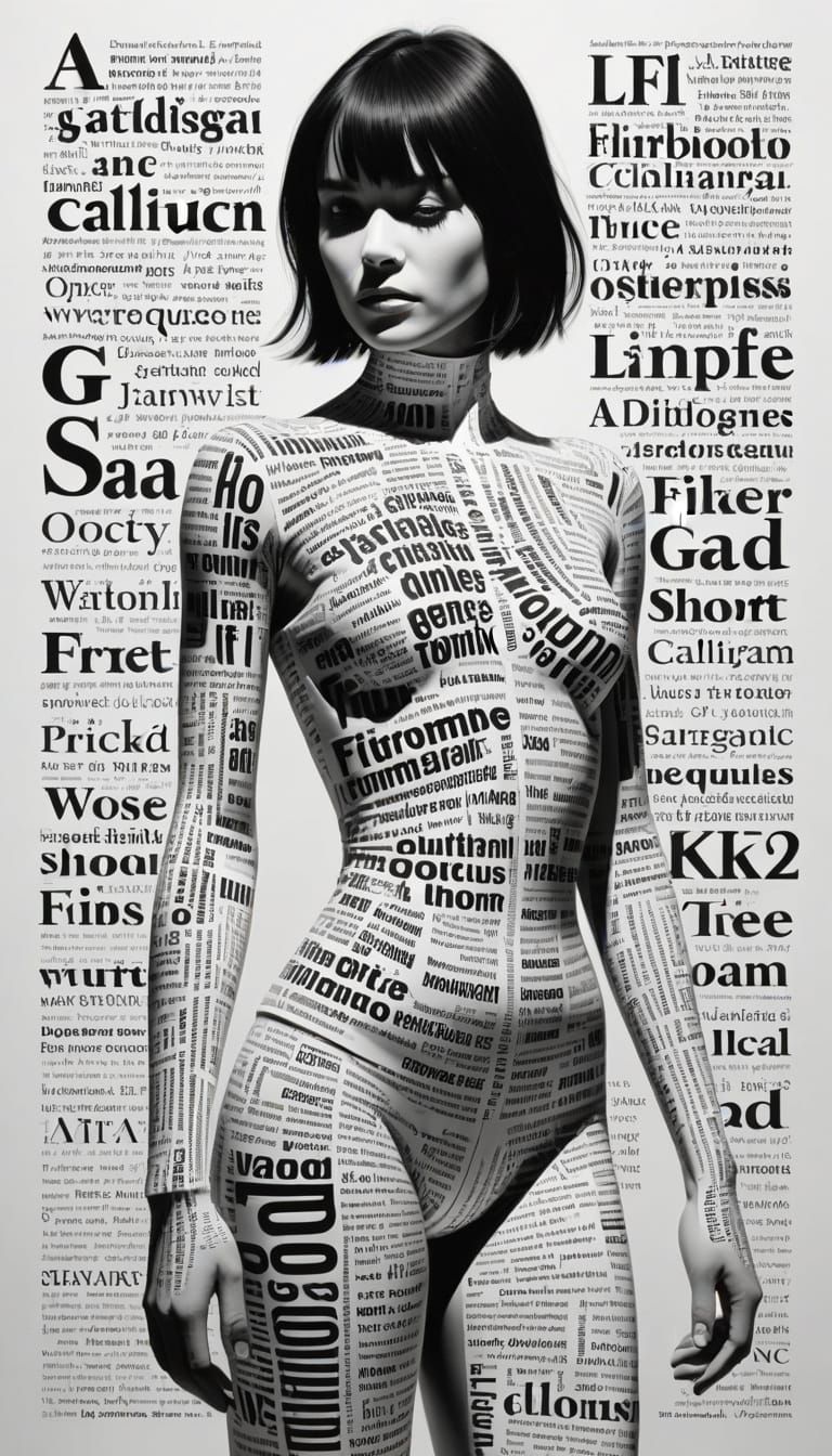 Grotesquepunk Calligram: Embossed Woman Formed From Text