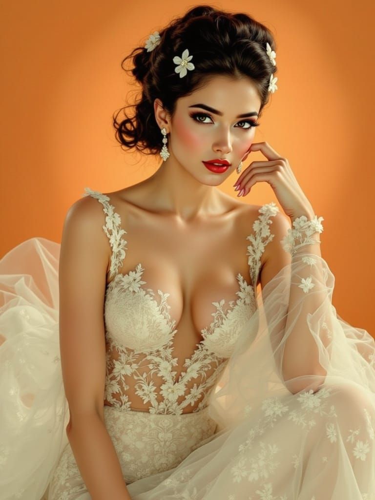 Vintage Elegance: Poised Woman in Floral Lace Gown