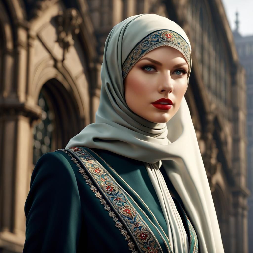 Elegant Edwardian-Inspired Hijab in Digital Art