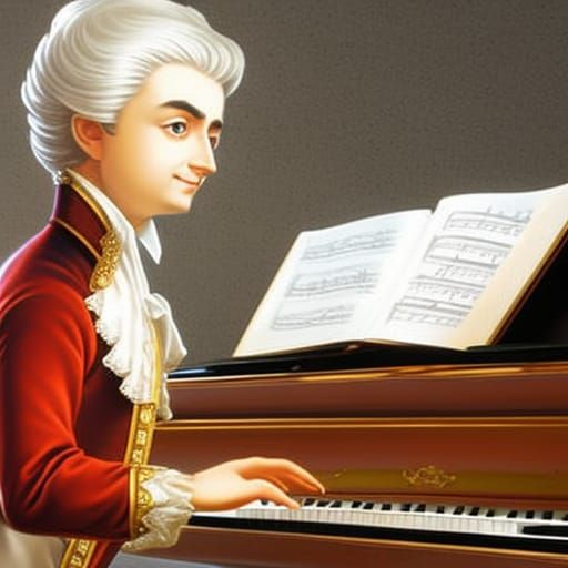 Hyperrealistic Mozart Piano Portrait in Splash Art Style