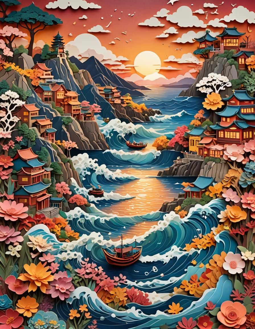 Paper Cut-Out Seaport Sunset: 3D Digital Art