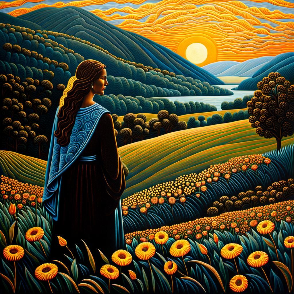 Saint of Bees in Meadow, Modern Oil Painting