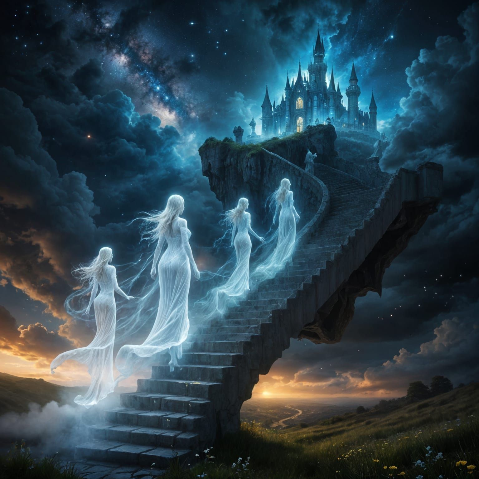 Dreamlike Cloud Castle with Marble Staircase