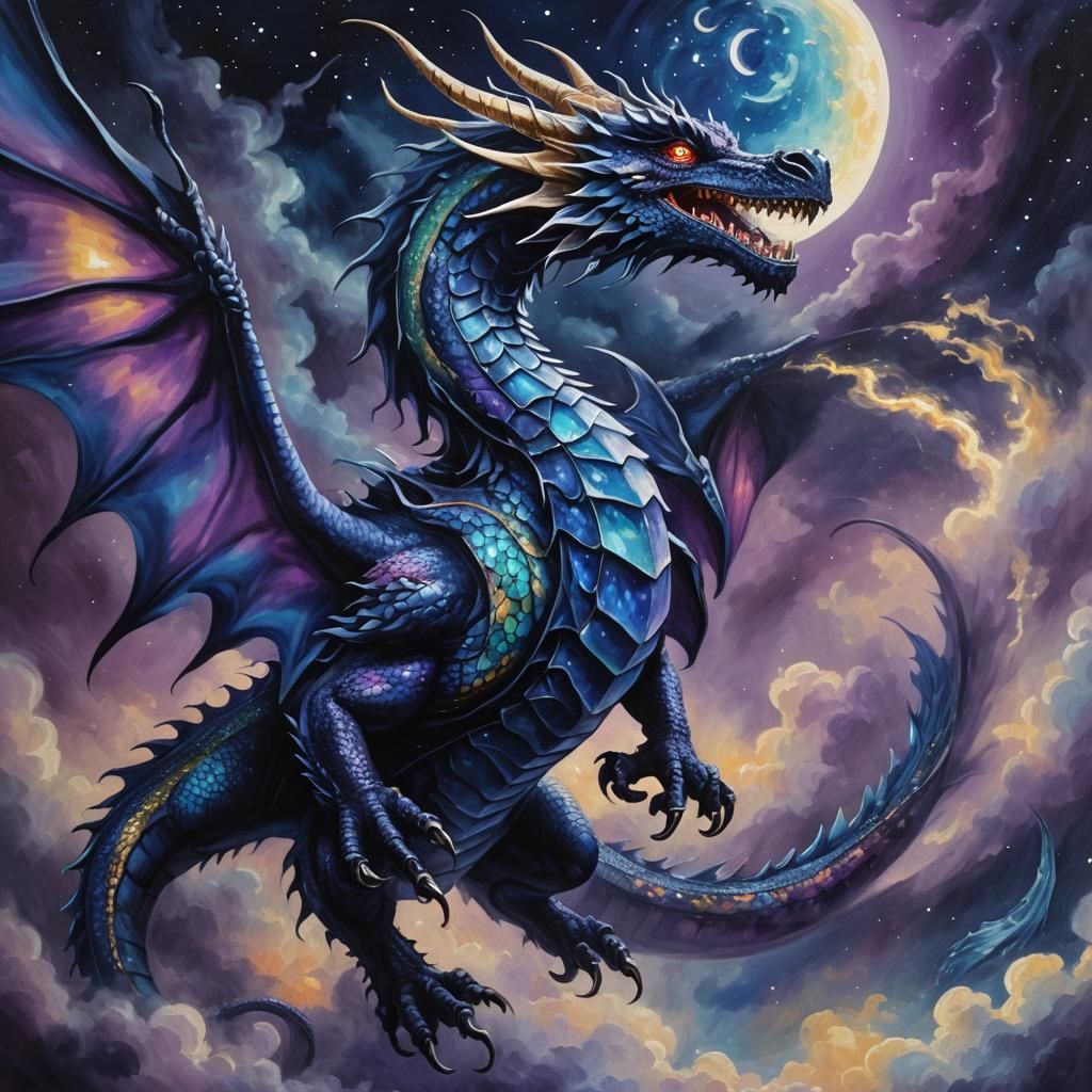 Majestic Navy Dragon Soaring in Surreal Night Sky