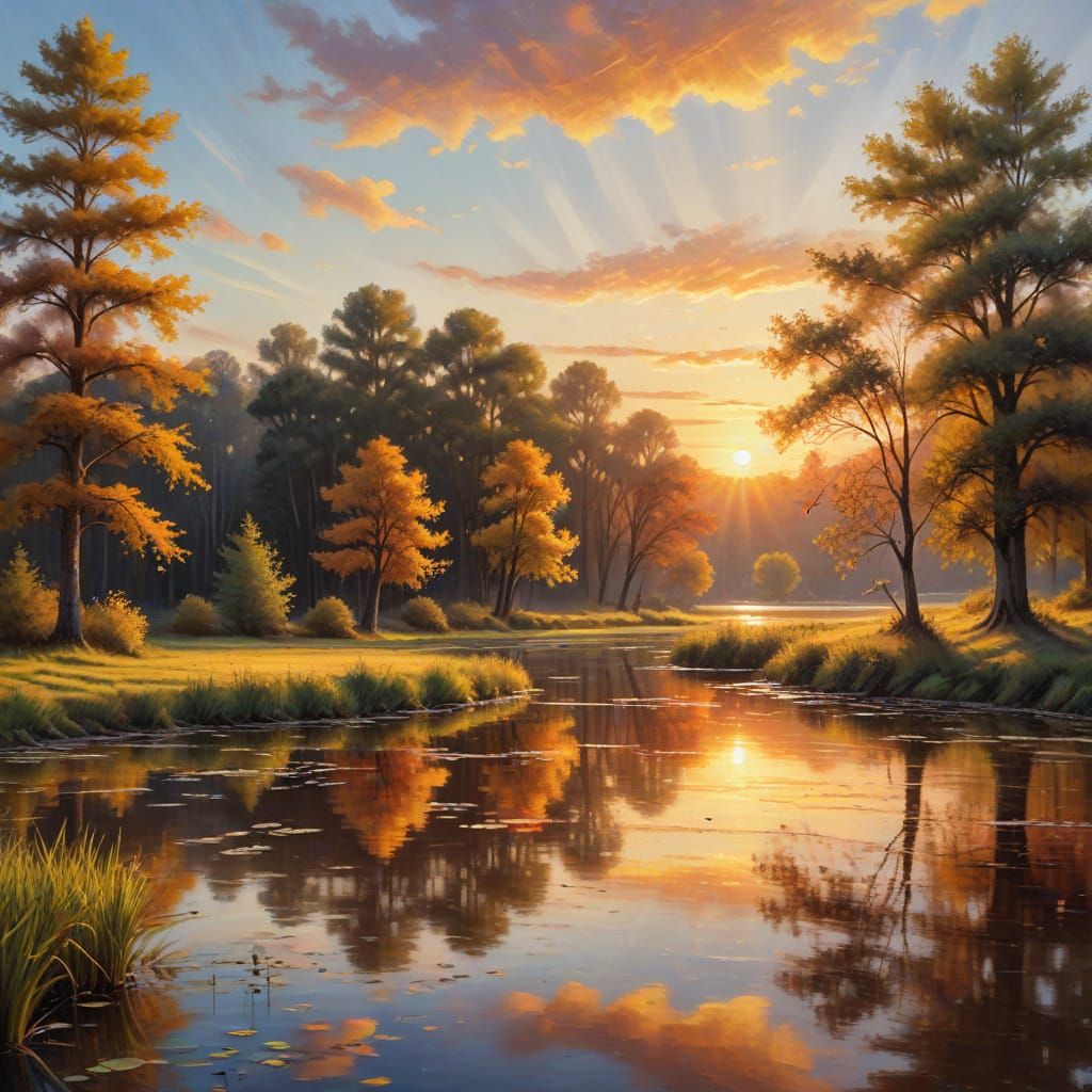 Golden Sunset Over Pond as Oil Painting