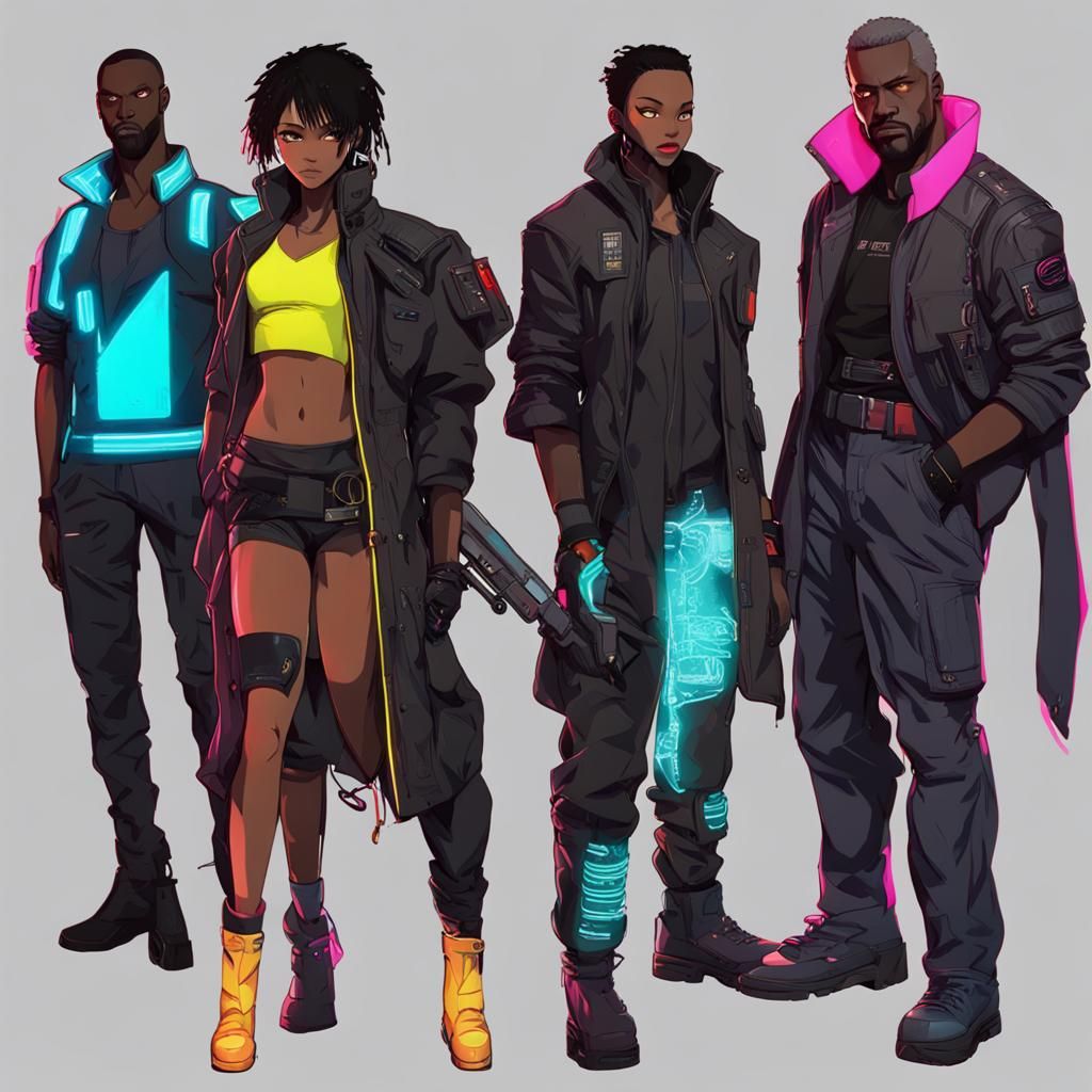 Cyberpunk Black Anime Characters in Neon City