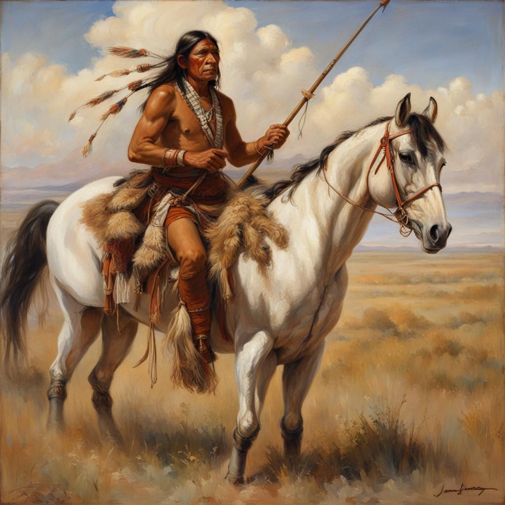 Plains Warrior on Horseback, Oil Painting Style